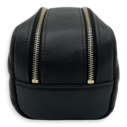 Quilted Double Zip Black Pouch in Caviar Leather, Gold hardware