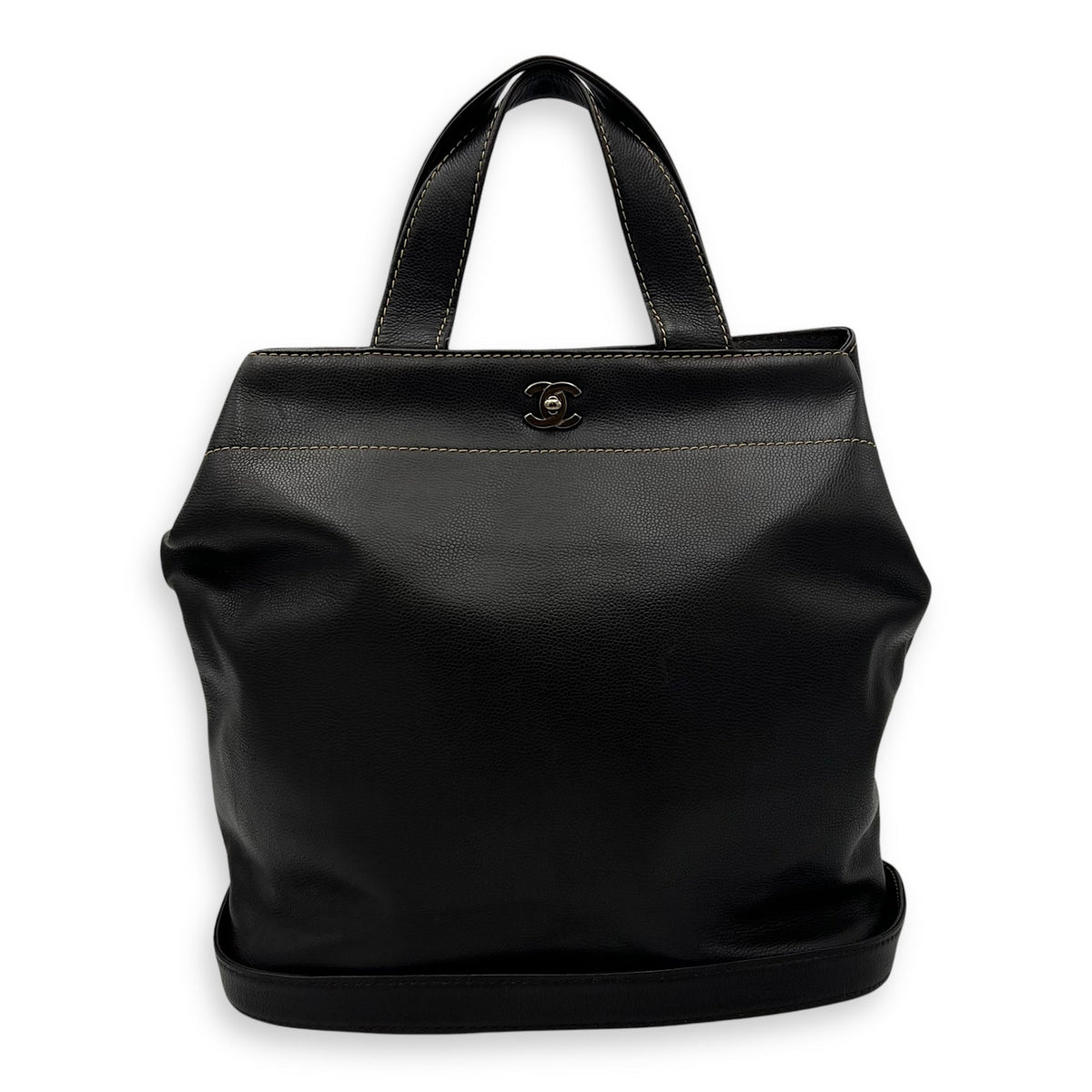 CC Tote Bag Brown in Caviar Leather, Ruthenium hardware