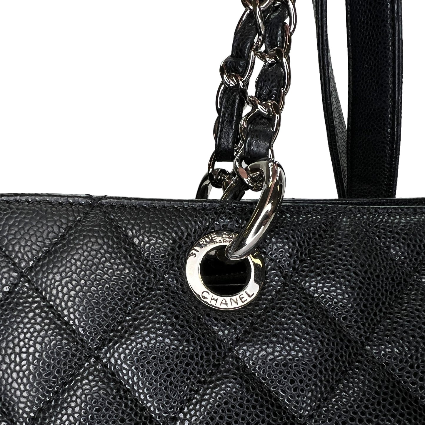 GST Black Tote Bag in Caviar Leather, Silver hardware