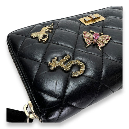 Embellished Long Black Wallet in Distressed Leather, Gold hardware