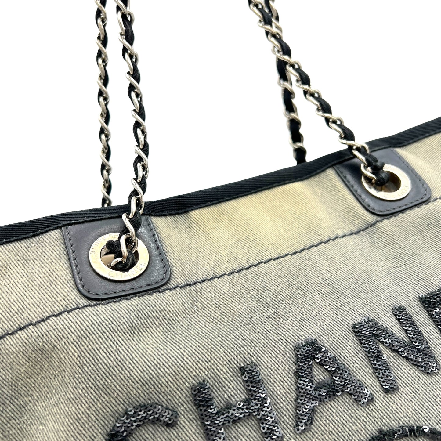 Deauville Medium Sequins Shoulder Bag in Denim, Silver hardware