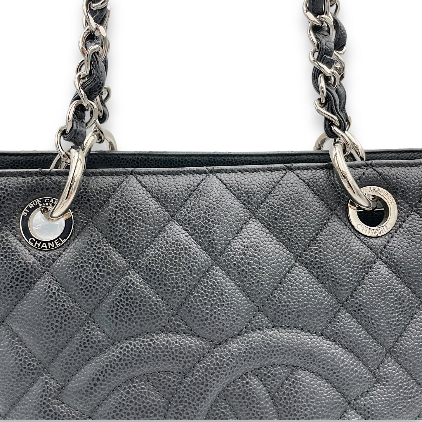 GST Black Tote Bag in Caviar Leather, Silver hardware