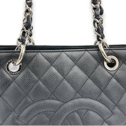 GST Black Tote Bag in Caviar Leather, Silver hardware