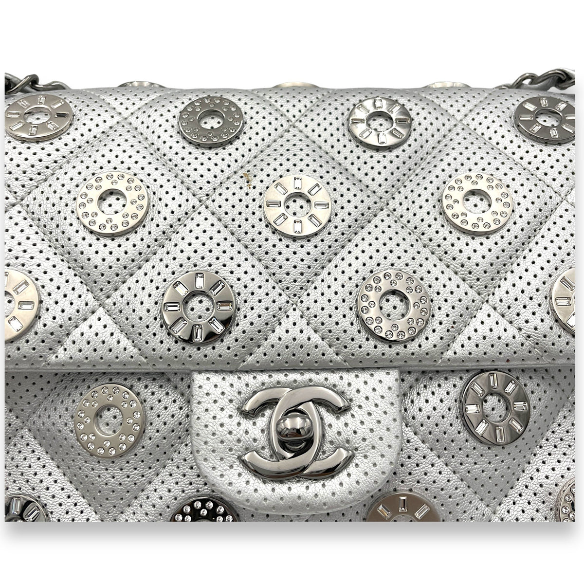 Paris Dubai Flap Silver Shoulder Bag in Perforated Lambskin, Silver hardware