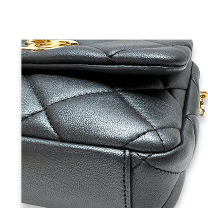 Charm chain Grey Crossbody Bag in Calfskin, Gold hardware
