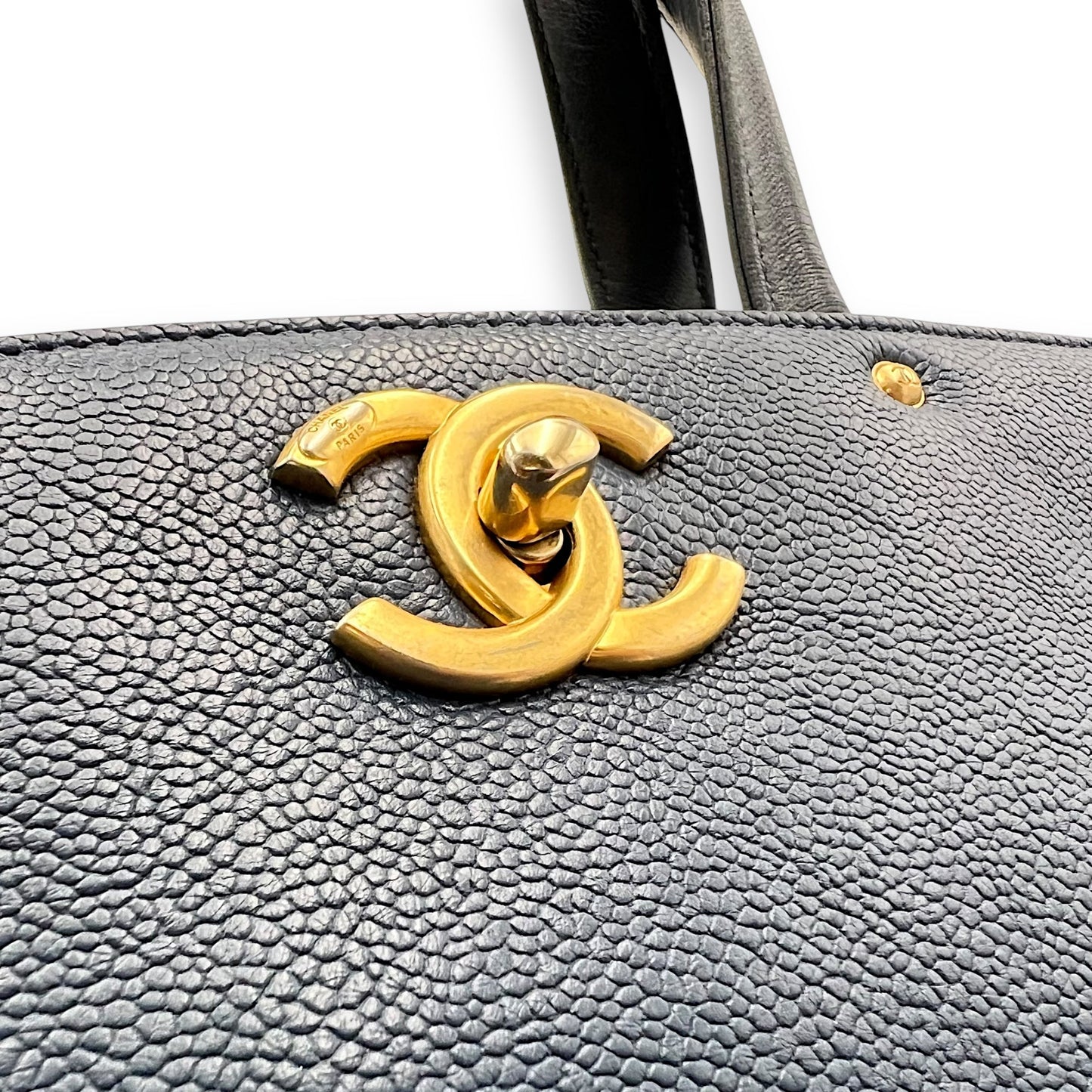 CC Lock Top Handle Bag Blue in Caviar Leather, Gold hardware