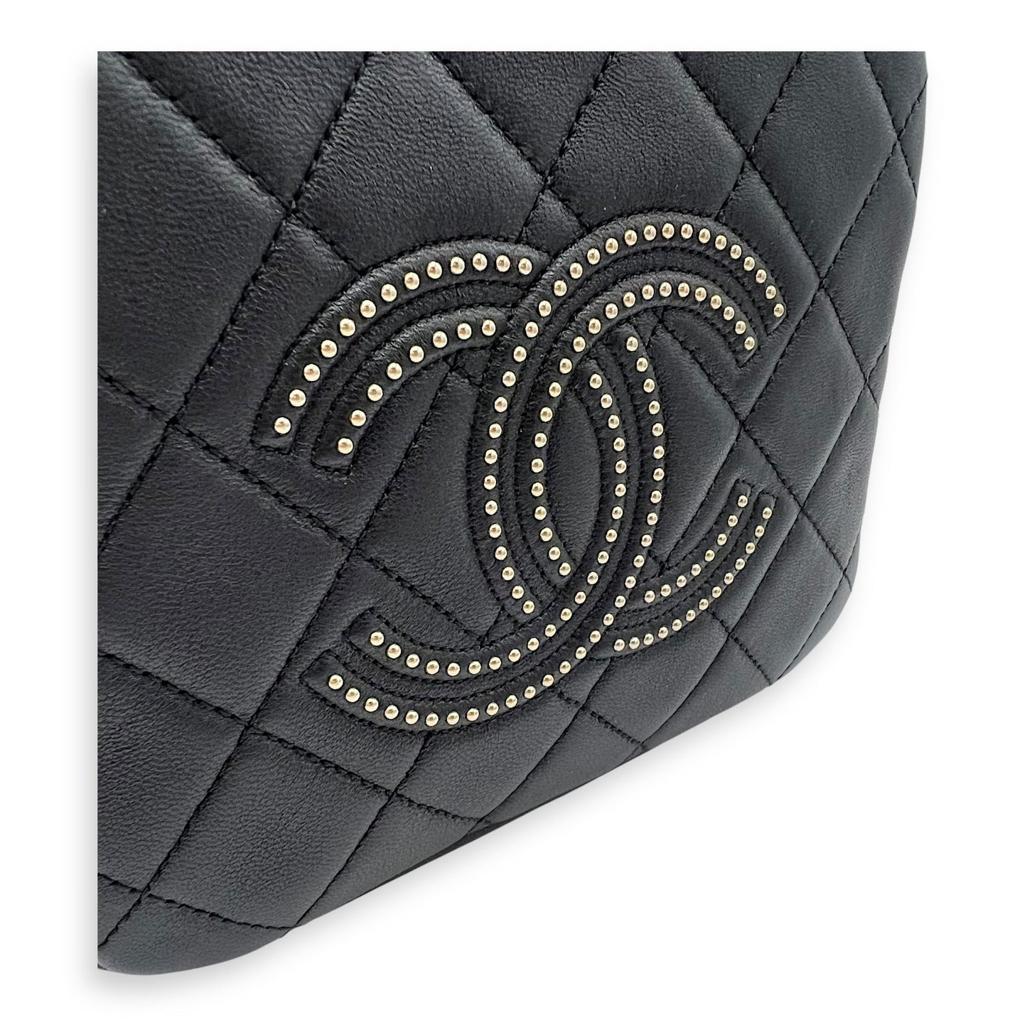 CC Camera Studded Black Shoulder Bag in Lambskin, Gold hardware