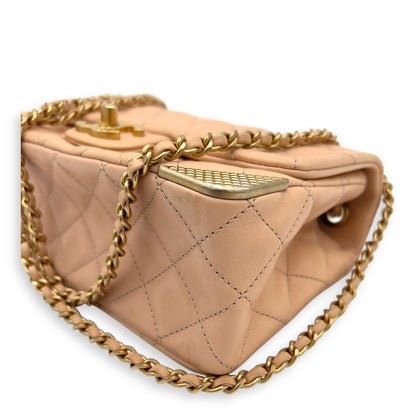 Mini Rectangle Shoulder Bag Beige in Lambskin, Gold hardware