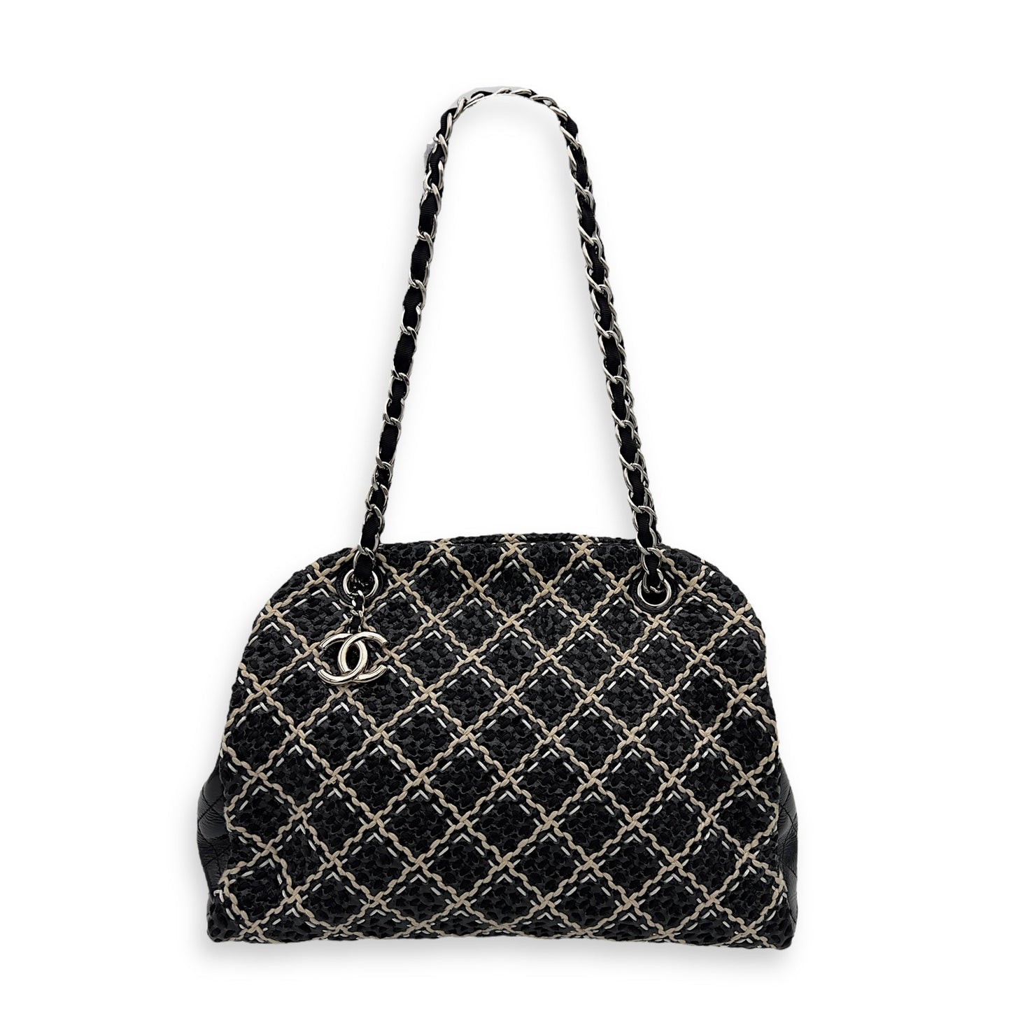 Mademoiselle Bowler Shoulder Bag Black in Tweed, Silver hardware