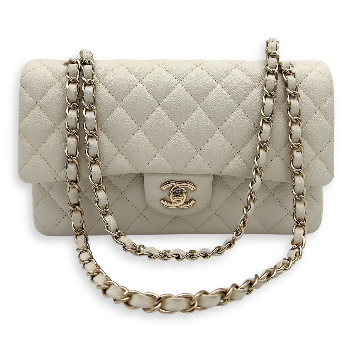 Classic Shoulder Bag White in Caviar Leather, Light Gold hardware