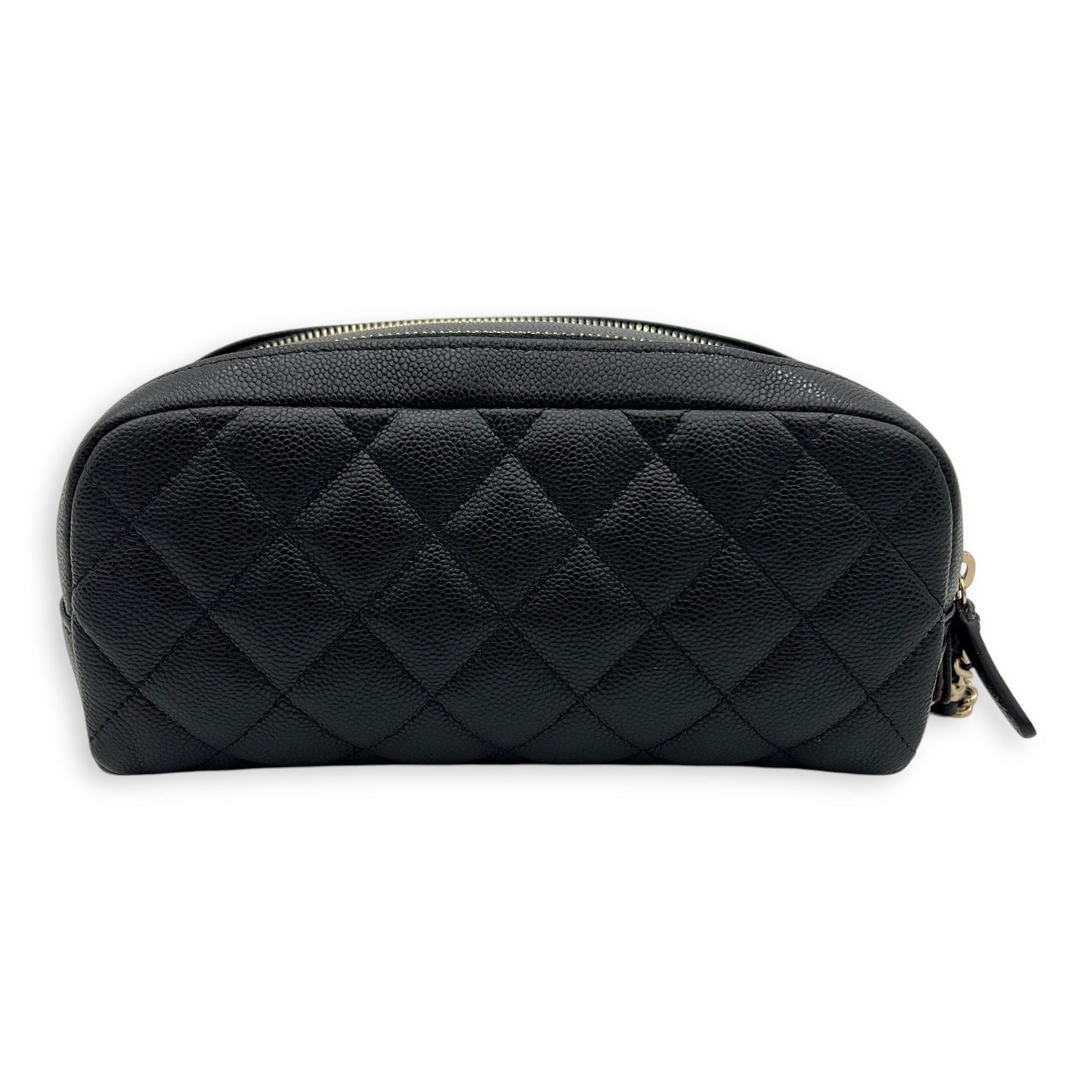 Quilted Double Zip Black Pouch in Caviar Leather, Gold hardware