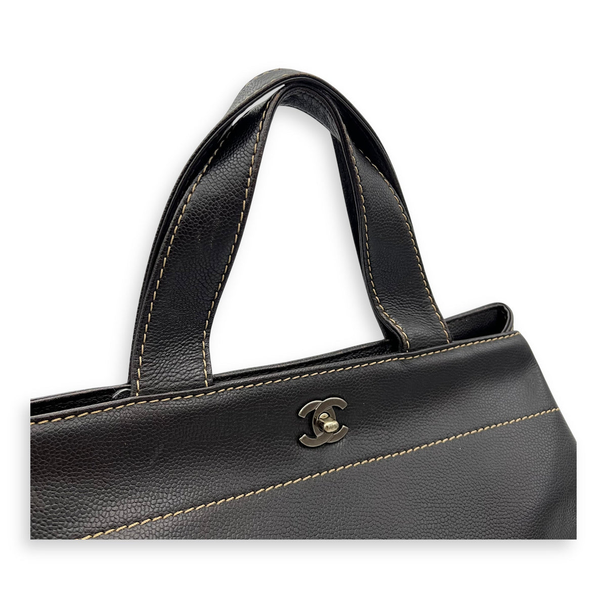 CC Tote Bag Brown in Caviar Leather, Ruthenium hardware