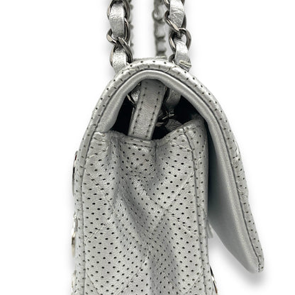 Paris Dubai Flap Silver Shoulder Bag in Perforated Lambskin, Silver hardware
