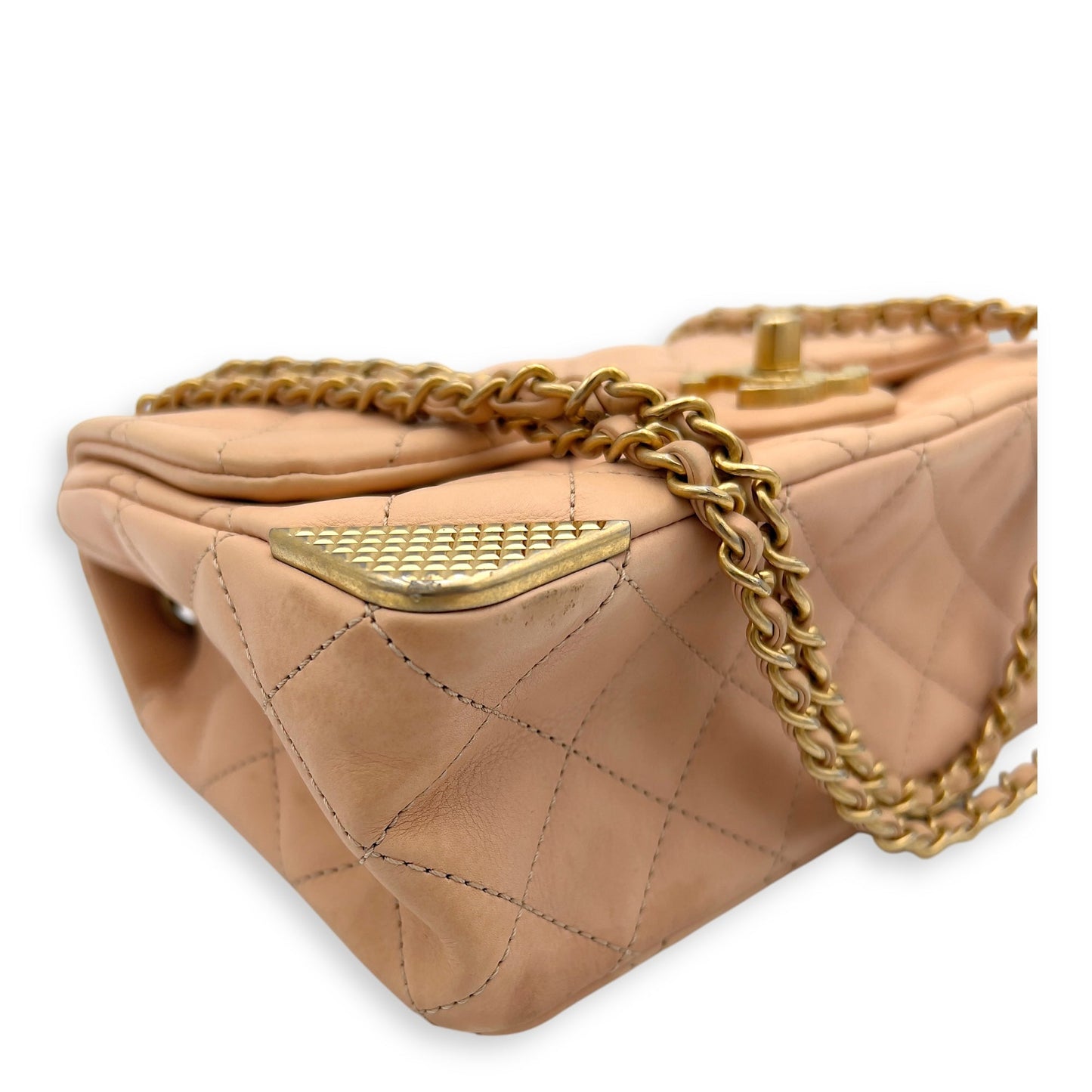 Mini Rectangle Shoulder Bag Beige in Lambskin, Gold hardware