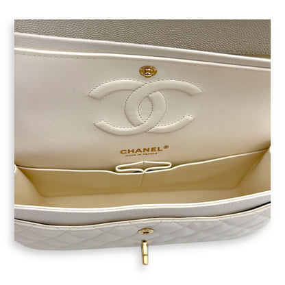 Classic Shoulder Bag White in Caviar Leather, Light Gold hardware