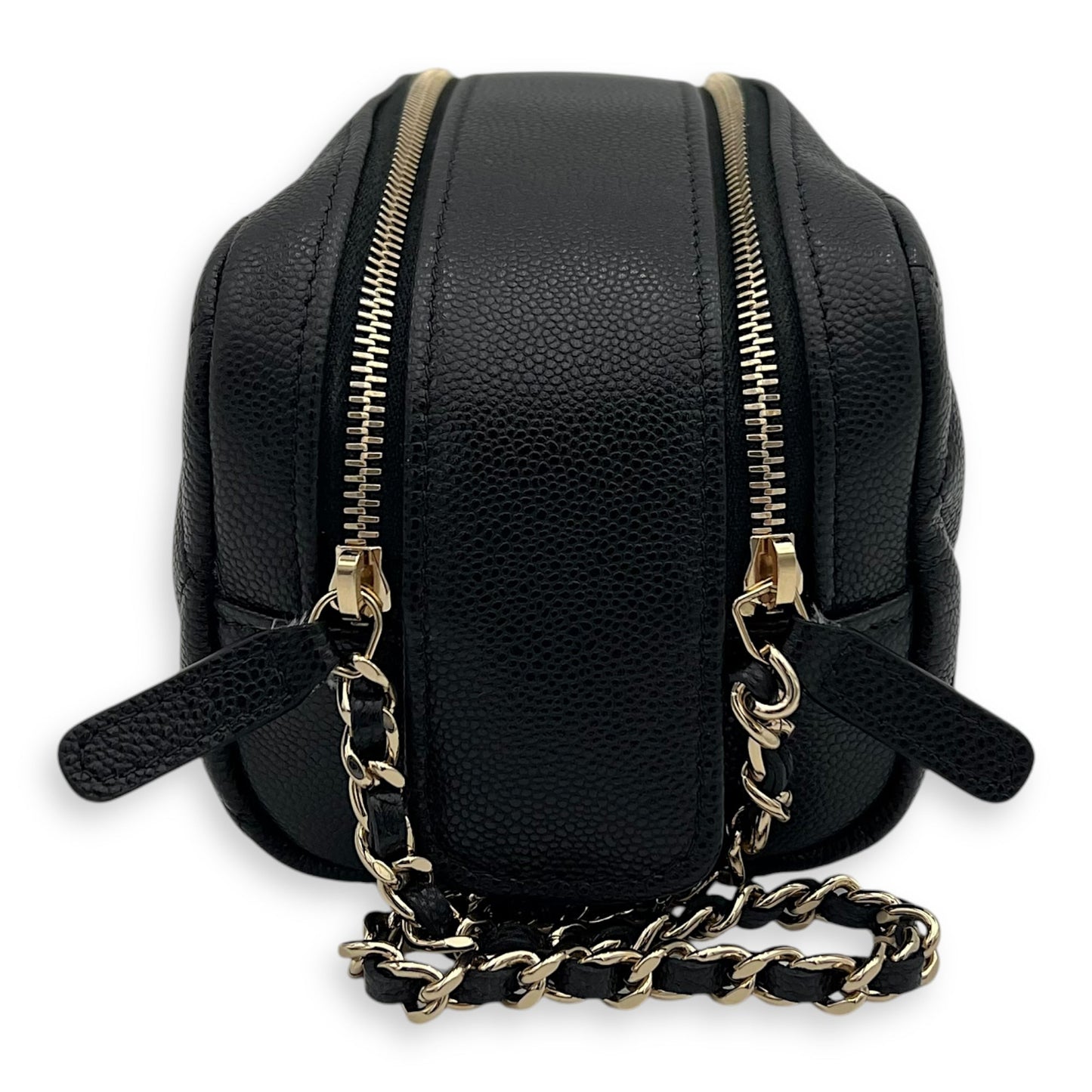 Quilted Double Zip Black Pouch in Caviar Leather, Gold hardware