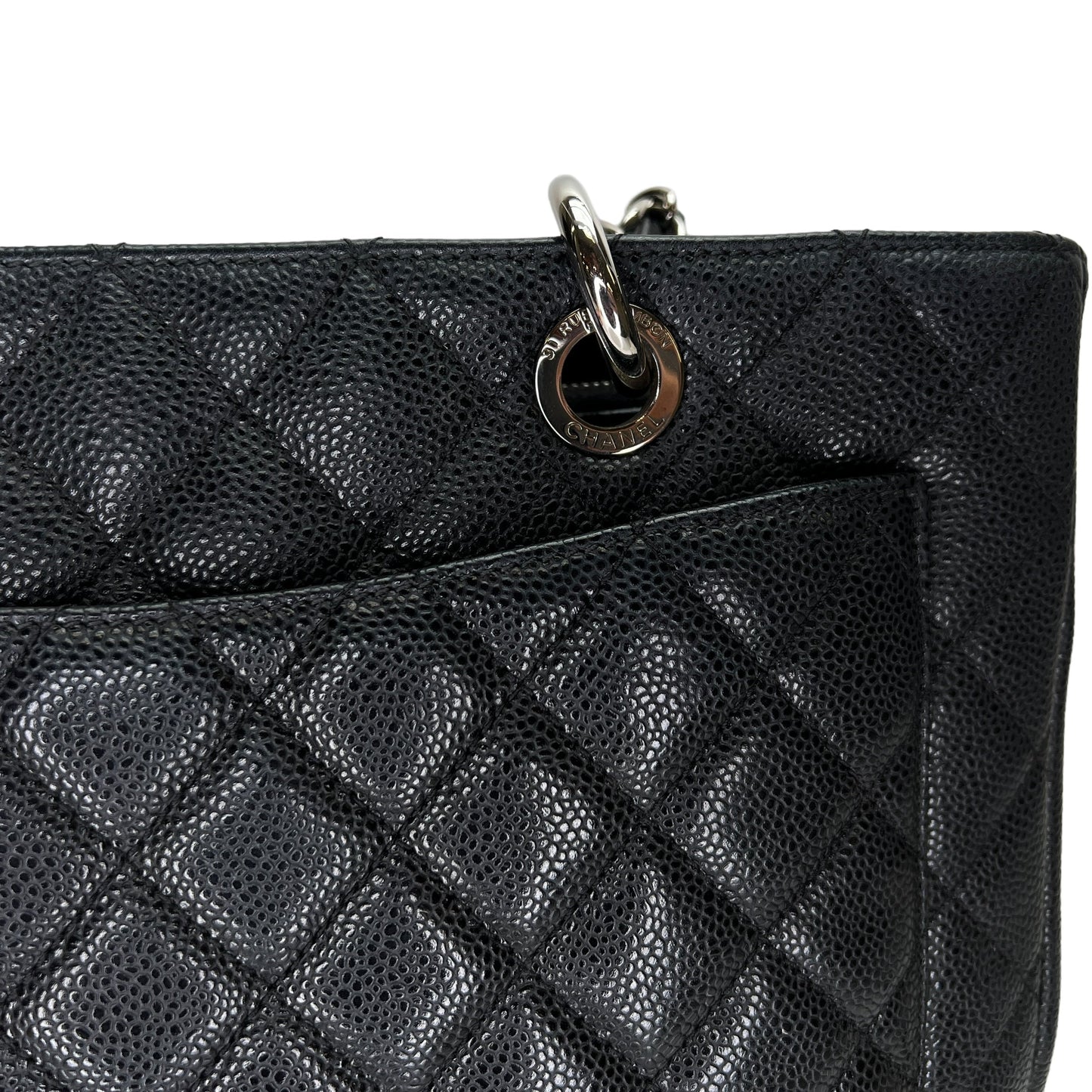 GST Black Tote Bag in Caviar Leather, Silver hardware