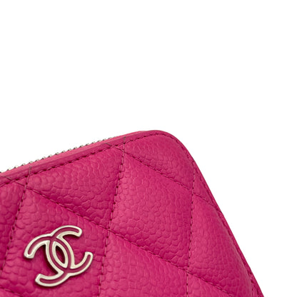 Quilted Timeless Compact Pink Wallet in Caviar Leather, Silver hardware