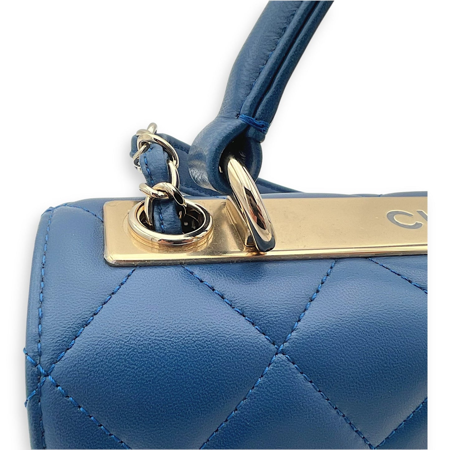 Trendy CC Top Handle Bag Blue in Lambskin, Gold hardware