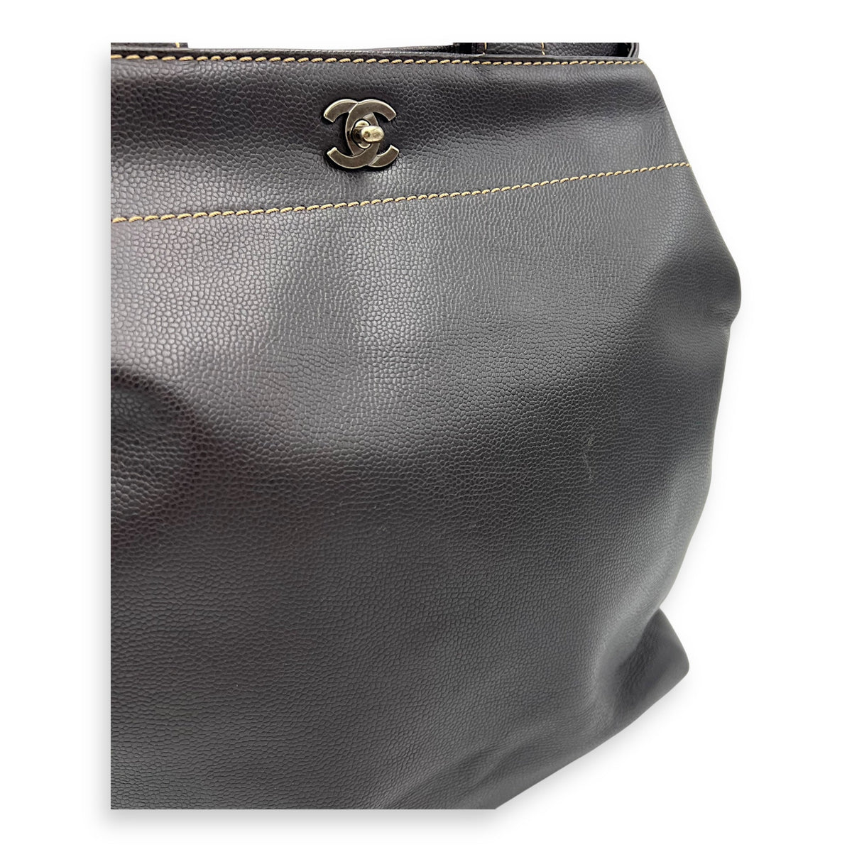 CC Tote Bag Brown in Caviar Leather, Ruthenium hardware