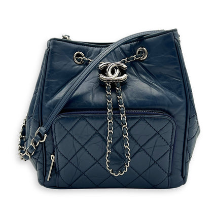 Quilted Seasonal Bucket Bag Blue in Calfskin, Gold hardware