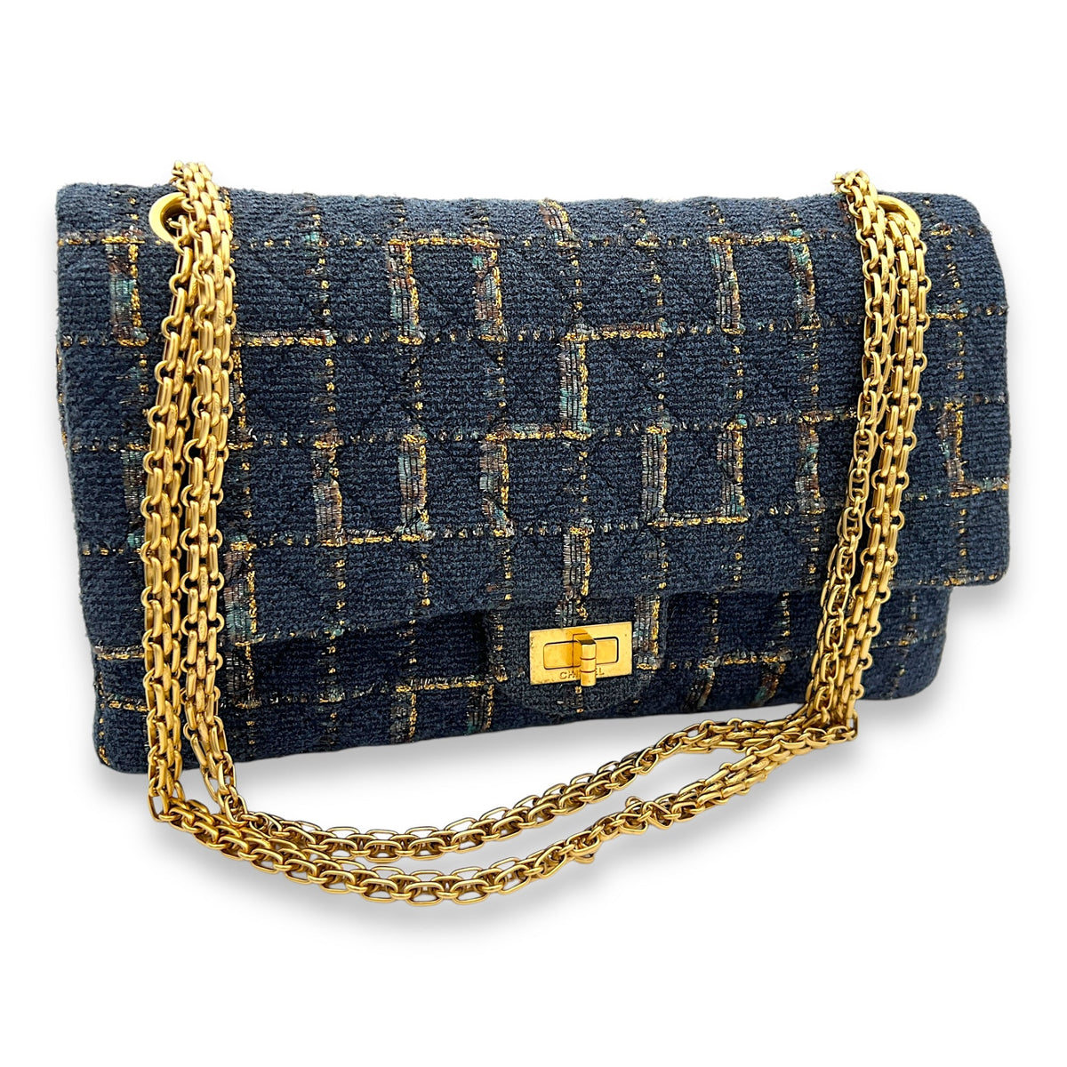 Fantasy 2.55 Reissue Blue Shoulder Bag in Tweed, Gold hardware