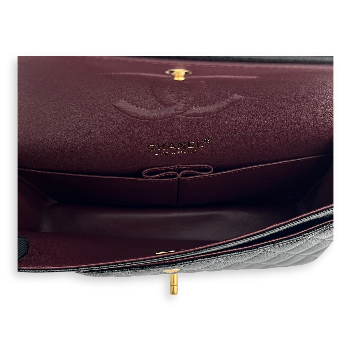 Classic Double Flap Medium Black Shoulder Bag in Caviar Leather, Gold hardware
