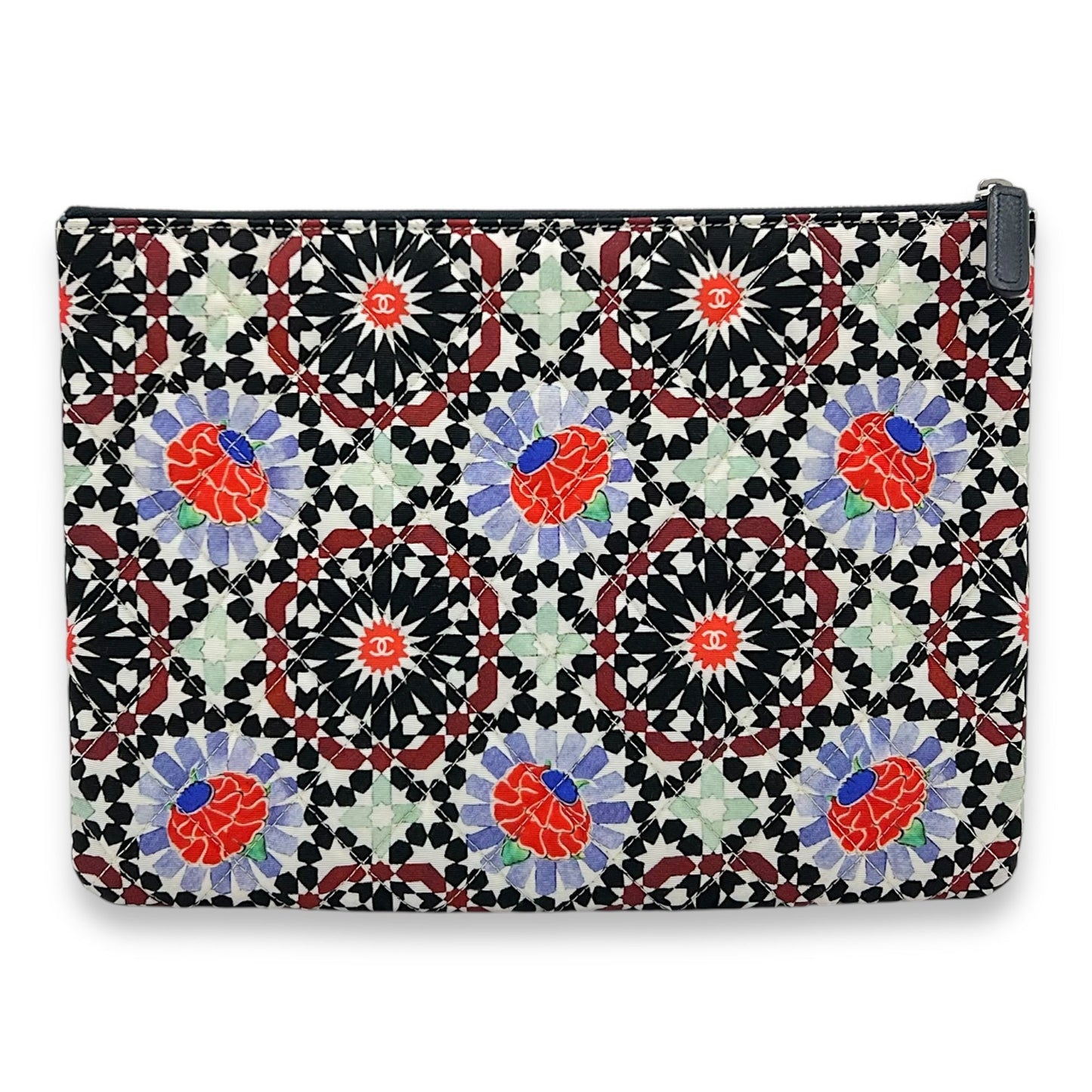 Quilted Printed Dubai Paris O Case Black Pouch in Fabric, Silver hardware