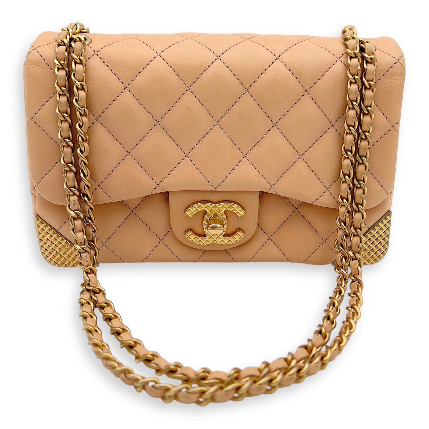 Mini Rectangle Shoulder Bag Beige in Lambskin, Gold hardware