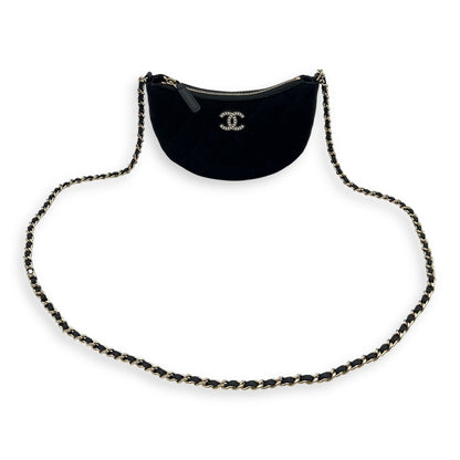 VIP Gift Crystal Quilted Black Crossbody Bag in Velvet, Gold hardware