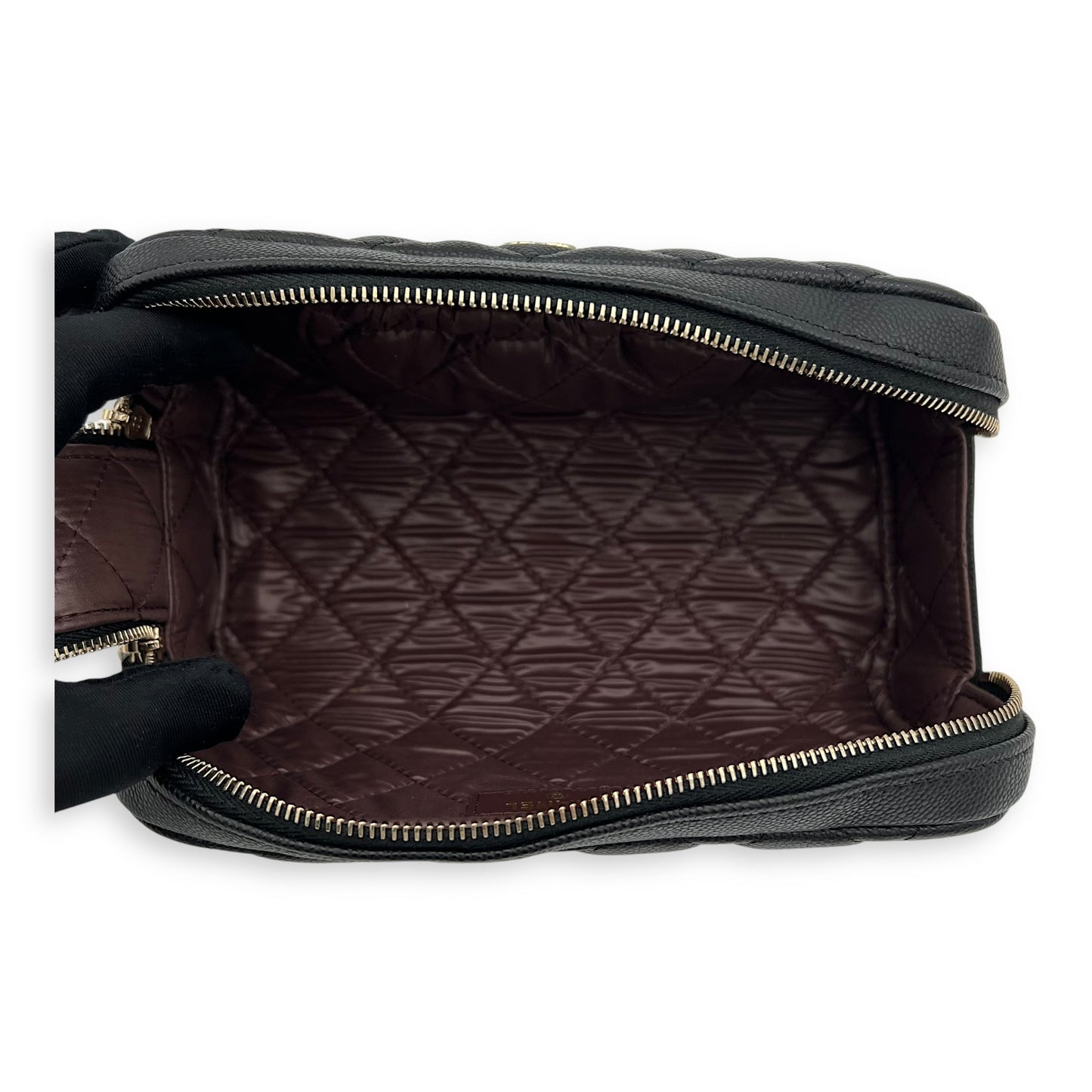 Quilted Double Zip Black Pouch in Caviar Leather, Gold hardware
