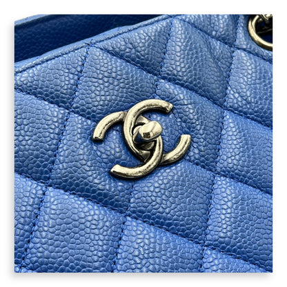 CC Quilted Blue Tote Bag in Caviar Leather, Ruthenium hardware