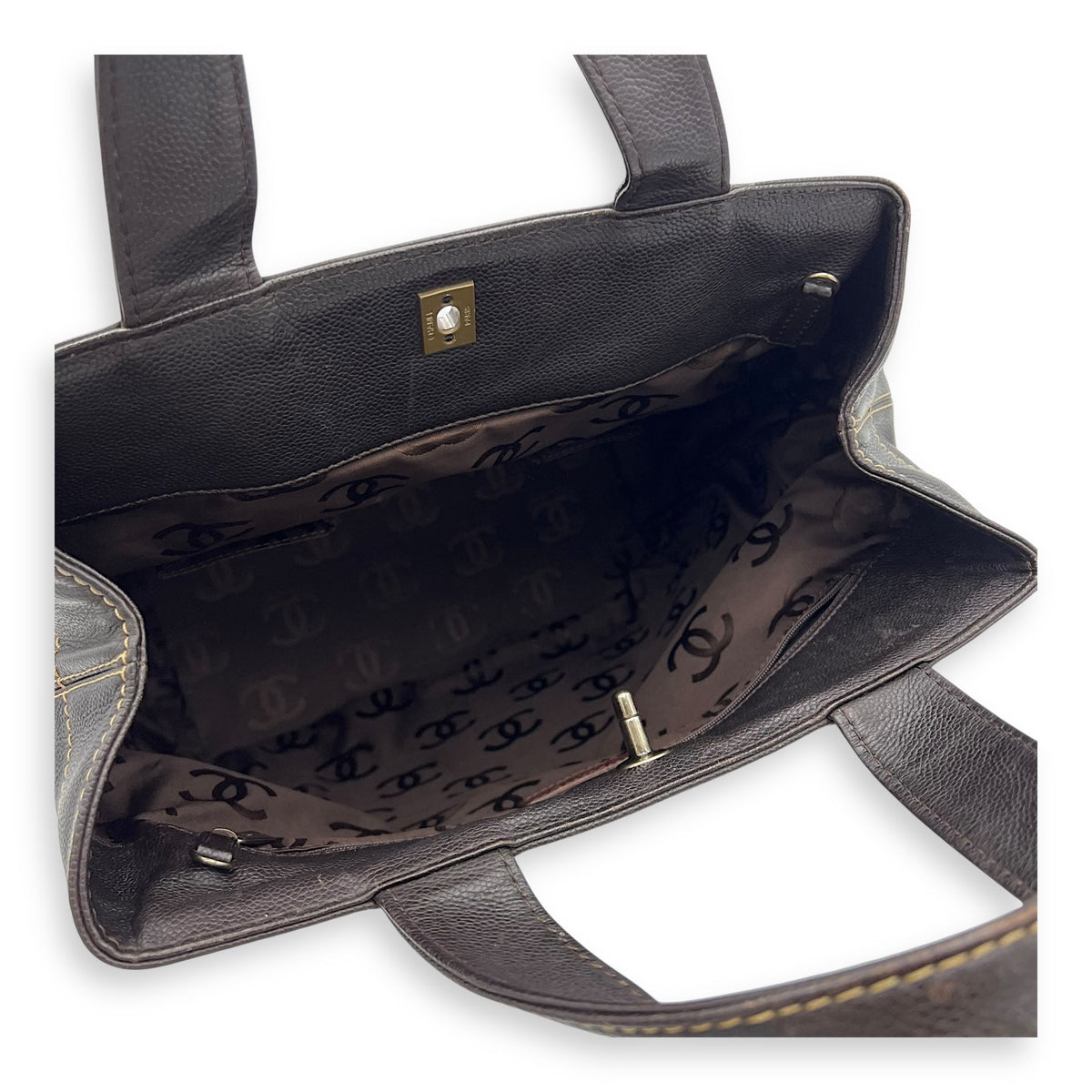CC Tote Bag Brown in Caviar Leather, Ruthenium hardware