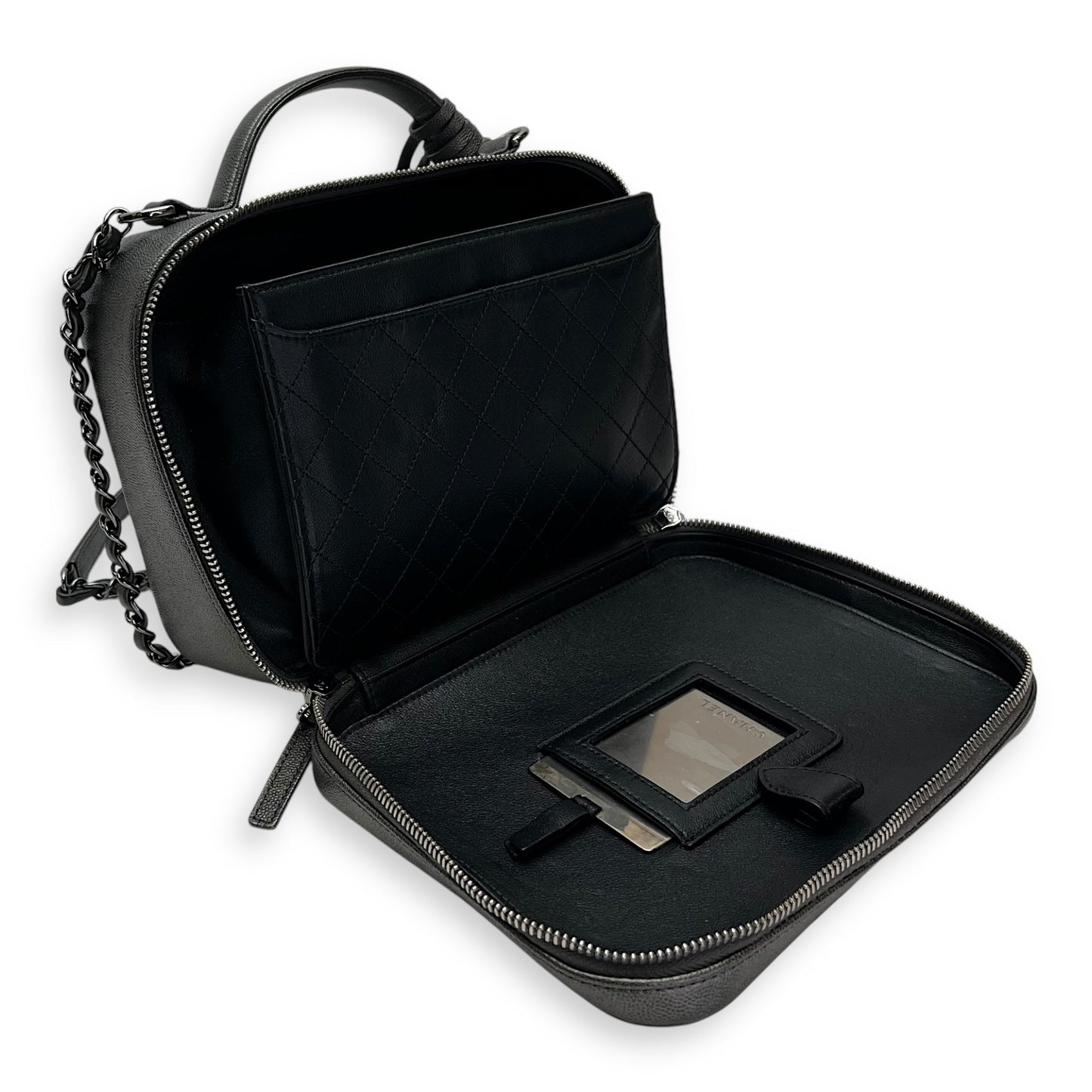 CC Filigree Large Silver Top Handle Bag in Caviar Leather, Silver hardware