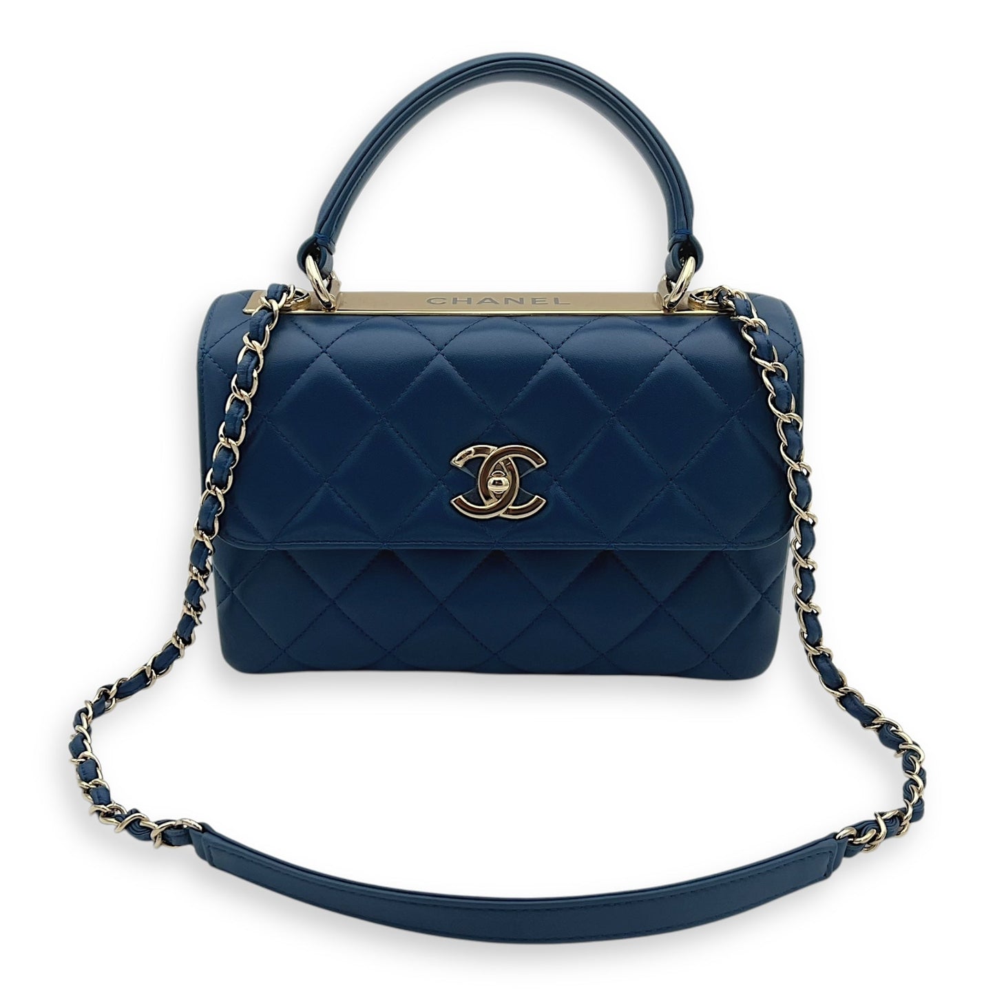 Trendy CC Top Handle Bag Blue in Lambskin, Gold hardware