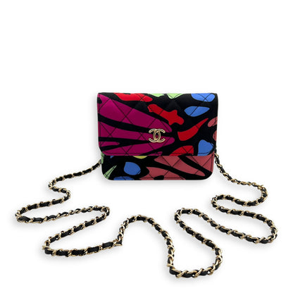 CC Floral Printed Mini Multi-colour Wallet On Chain in Fabric, Gold hardware