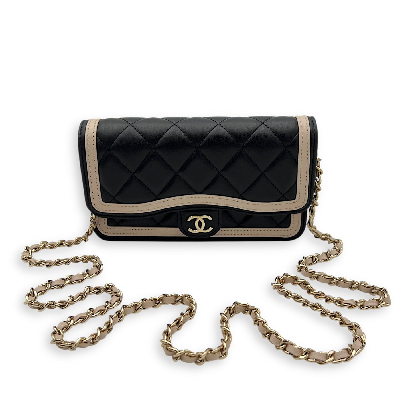Phone Wallet On Chain Black in Lambskin, Silver hardware