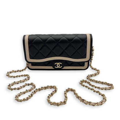 Phone Wallet On Chain Black in Lambskin, Silver hardware