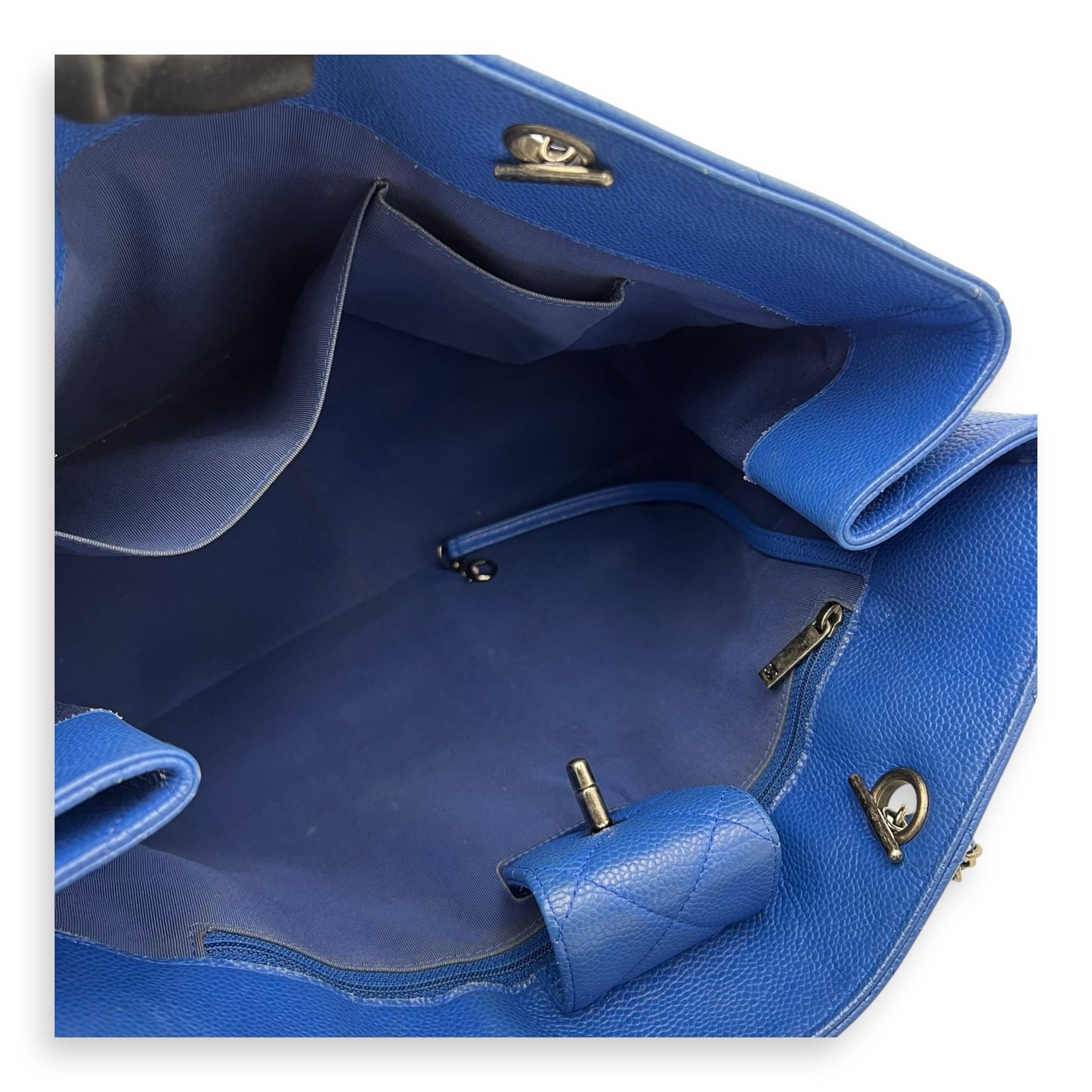 CC Quilted Blue Tote Bag in Caviar Leather, Ruthenium hardware