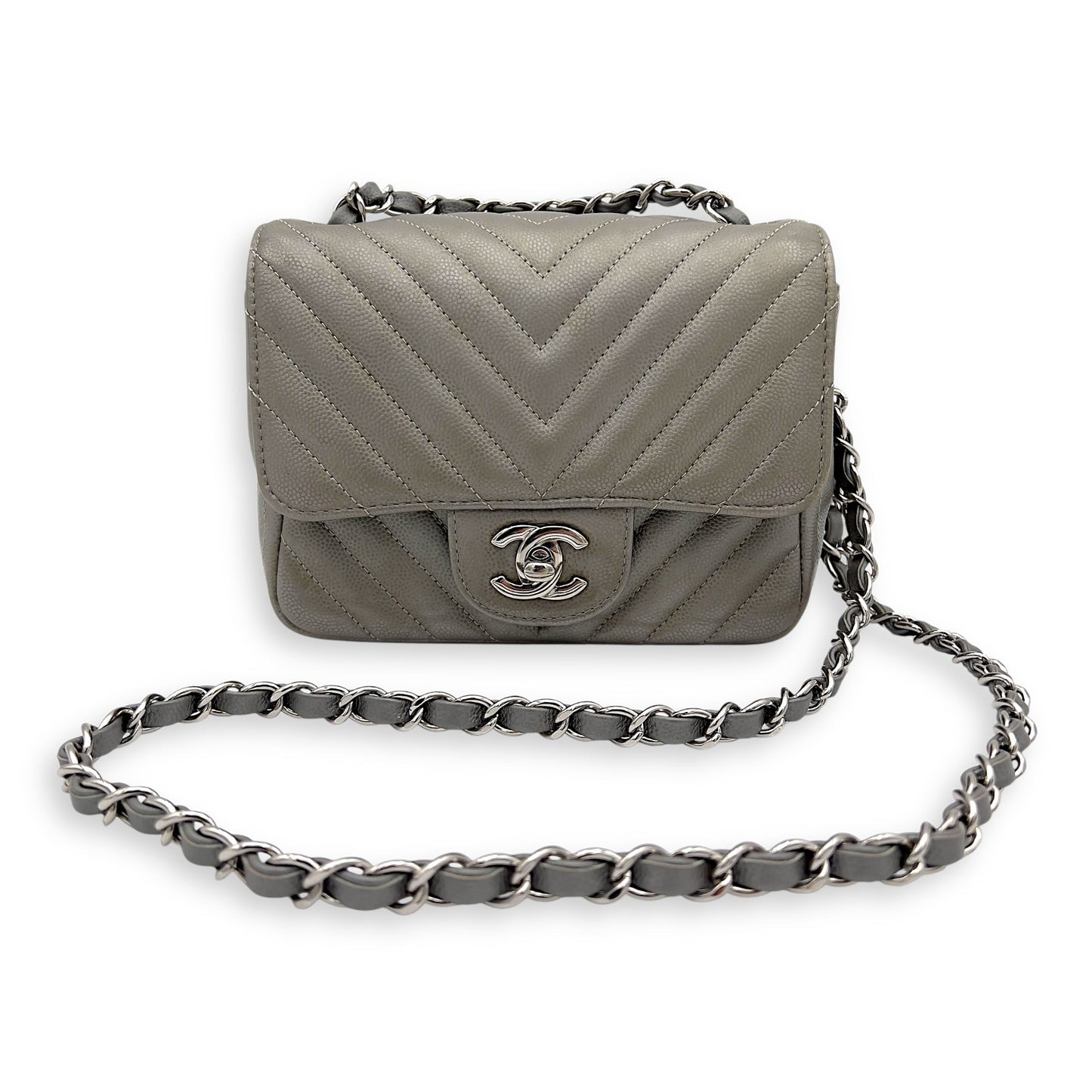 Chevron Square Mini Grey Crossbody Bag in Canvas, Silver hardware