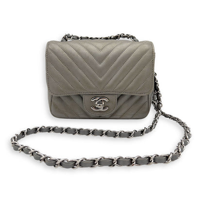 Chevron Square Mini Grey Crossbody Bag in Canvas, Silver hardware