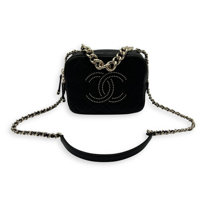CC Camera Studded Black Shoulder Bag in Lambskin, Gold hardware