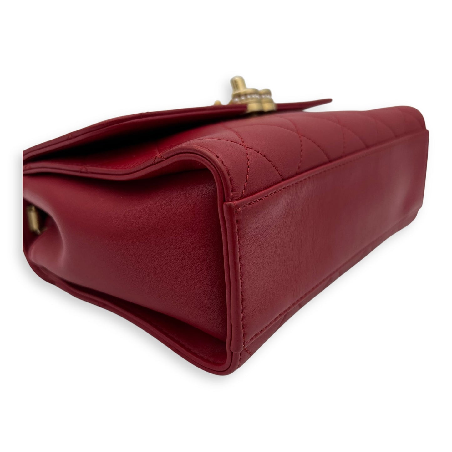 CC Pearl Top Handle Bag Red in Lambskin, Gold hardware