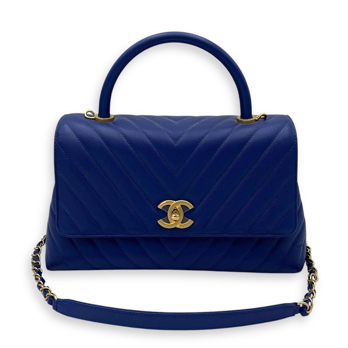 Coco Medium Blue Top Handle Bag in Caviar Leather, Gold hardware