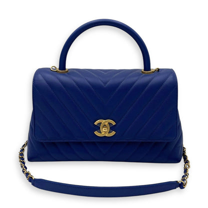 Coco Medium Blue Top Handle Bag in Caviar Leather, Gold hardware