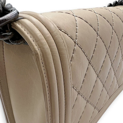 Boy Medium Beige Shoulder Bag in Calfskin, Gunmetal hardware