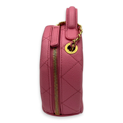 Round Crossbody Bag Pink in Caviar Leather, Gold hardware