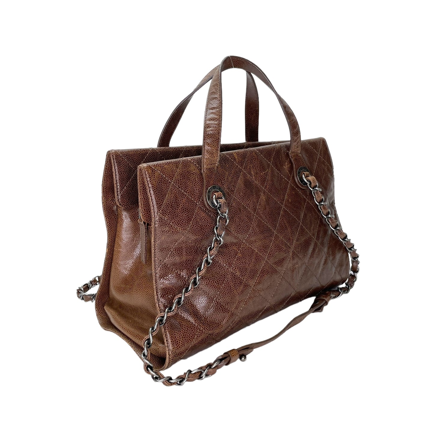 Two-way Brown Top Handle Bag in Caviar Leather, Ruthenium hardware