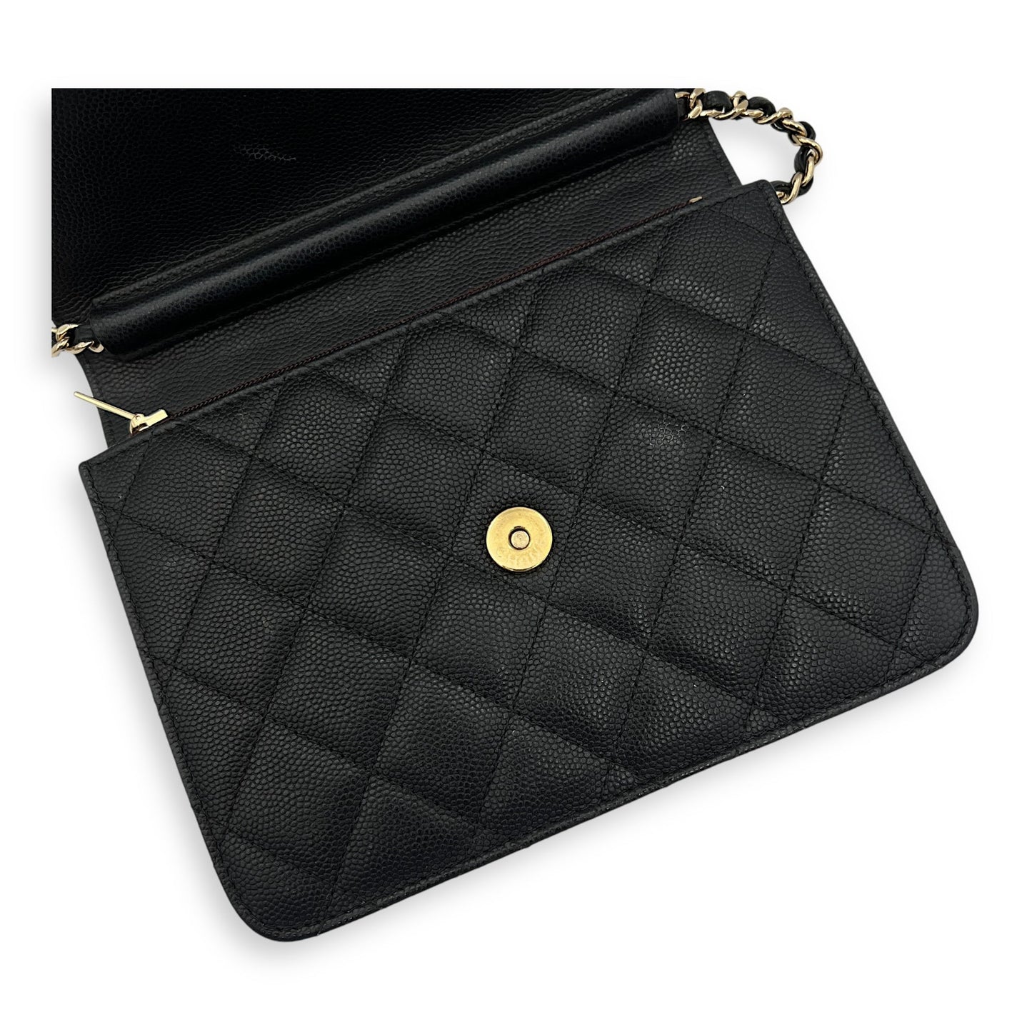 Quilted Black Wallet On Chain in Caviar Leather, Gold hardware