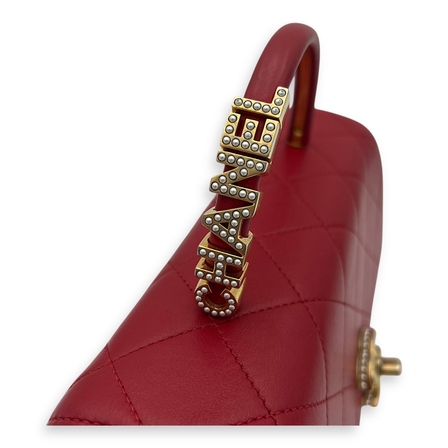 CC Pearl Top Handle Bag Red in Lambskin, Gold hardware